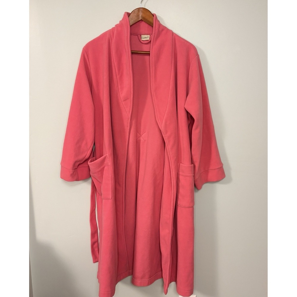 LL Bean Pink Fleece Robe Youth Size 14/16 Belted Tie Waist Pockets Item 212316